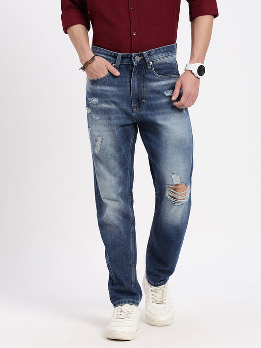 Men's Blue Comfort Low-Rise Slash Knee Heavy Fade Acid Wash Jeans