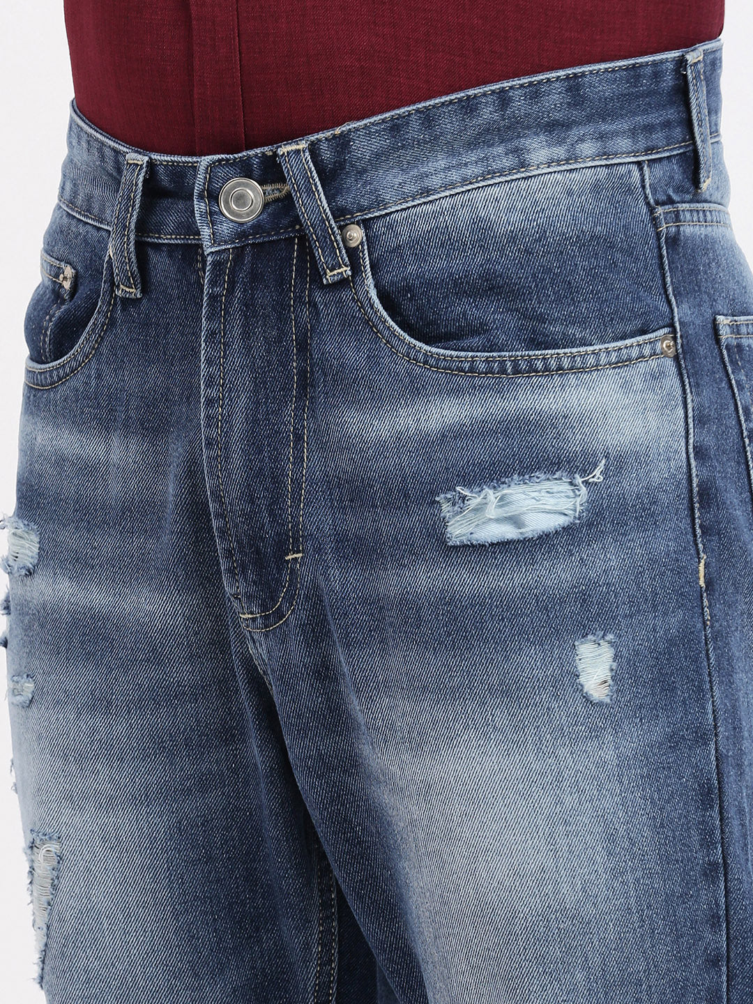 Men's Blue Comfort Low-Rise Slash Knee Heavy Fade Acid Wash Jeans