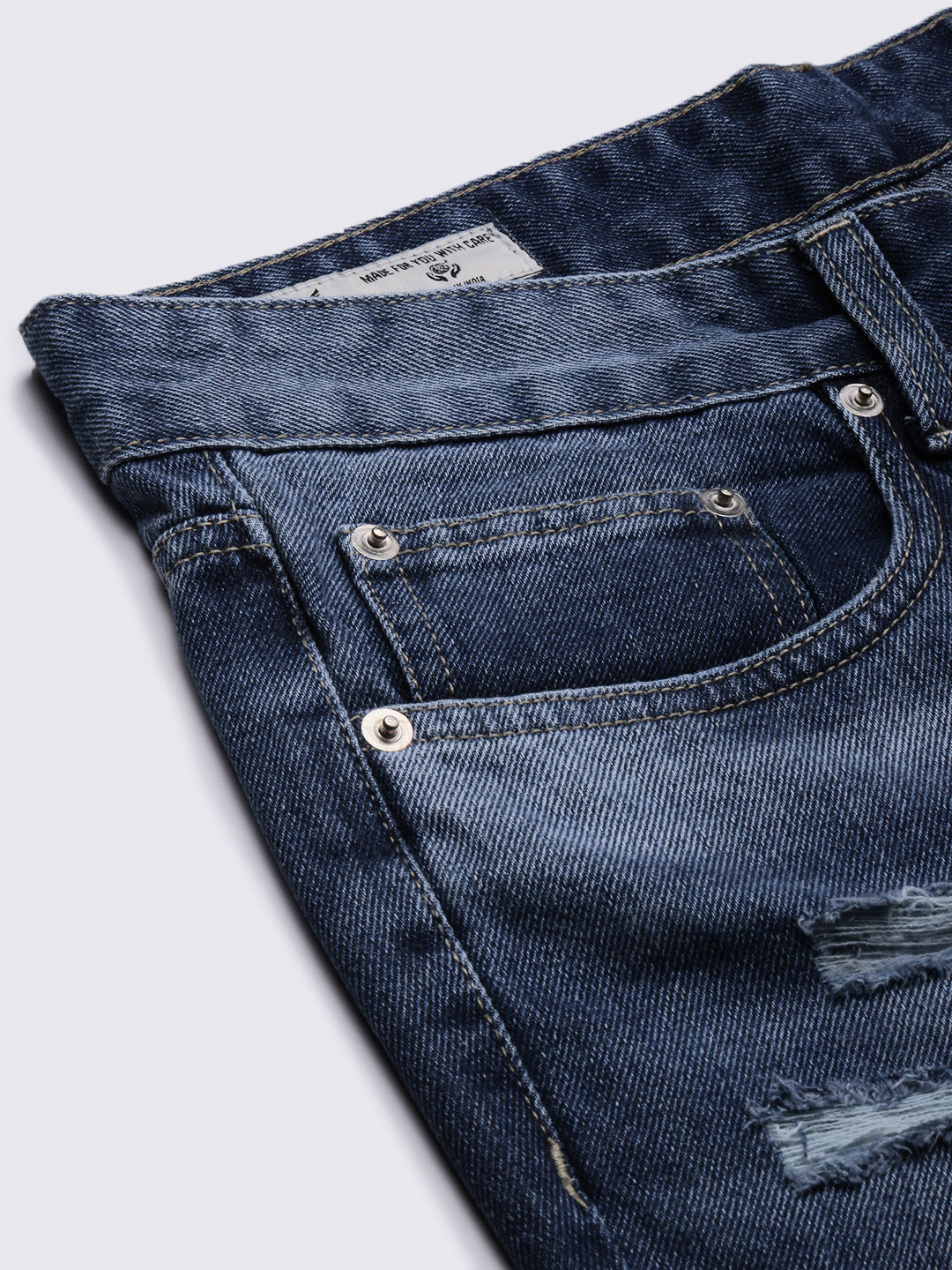 Men's Blue Comfort Low-Rise Slash Knee Heavy Fade Acid Wash Jeans