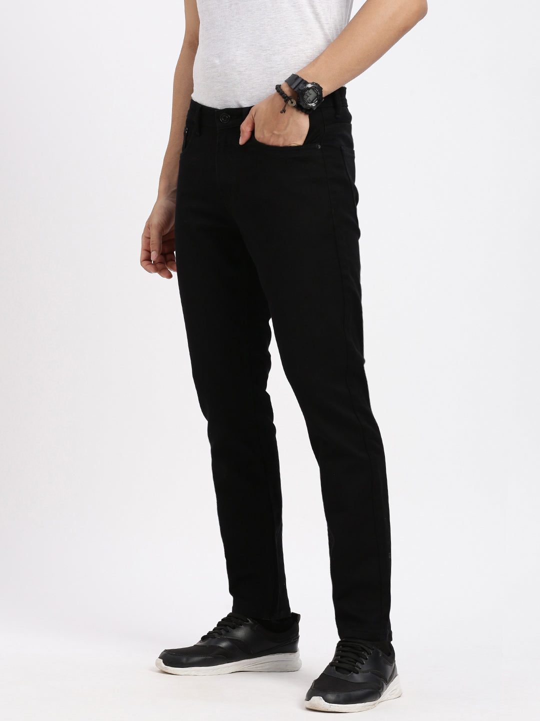 Men's Black Comfort Low-Rise Acid Wash Stretchable Jeans