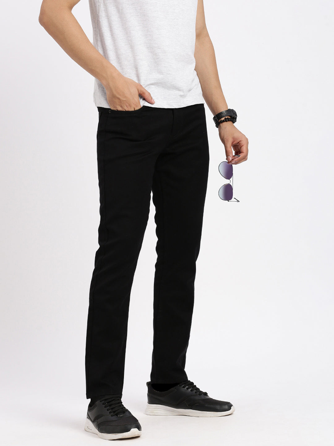 Men's Black Comfort Low-Rise Acid Wash Stretchable Jeans