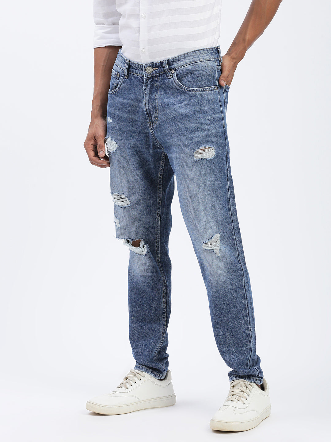 Men's Blue Regular Fit Cropped Torned Jeans