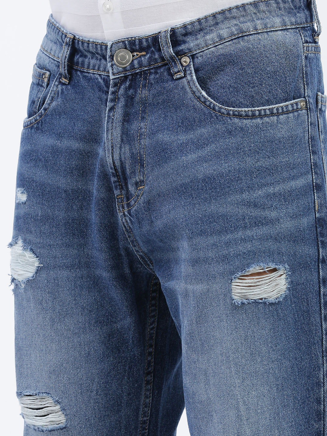Men's Blue Regular Fit Cropped Torned Jeans