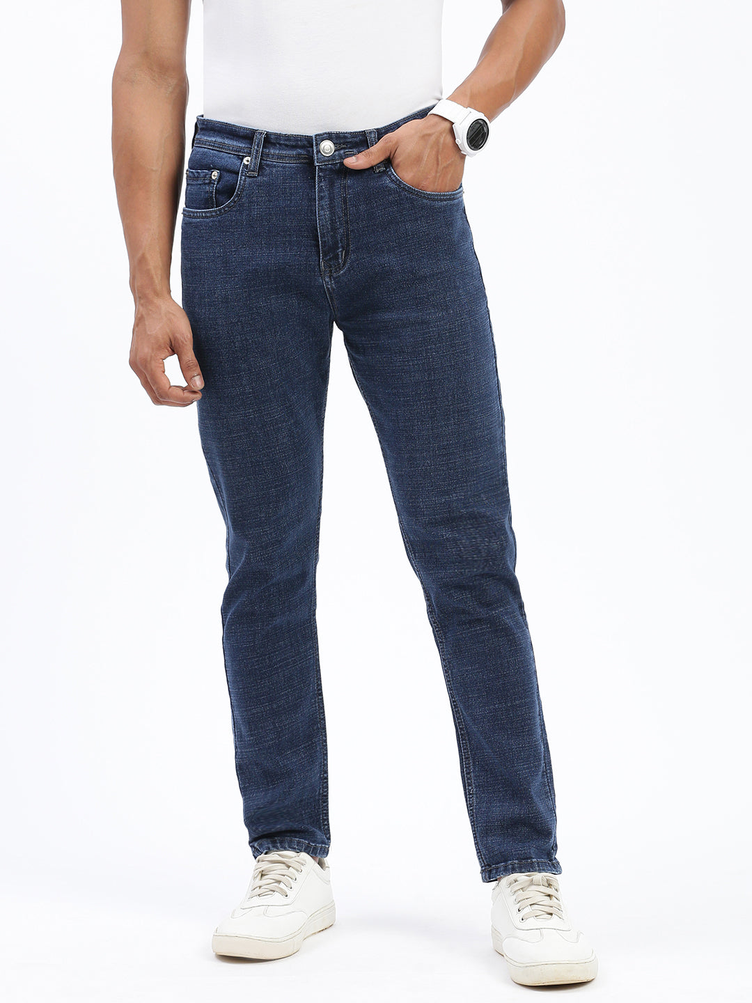 Men's Navy Blue Comfort Slim Fit Mid-Rise Cotton Light Fade Acid Wash Jeans