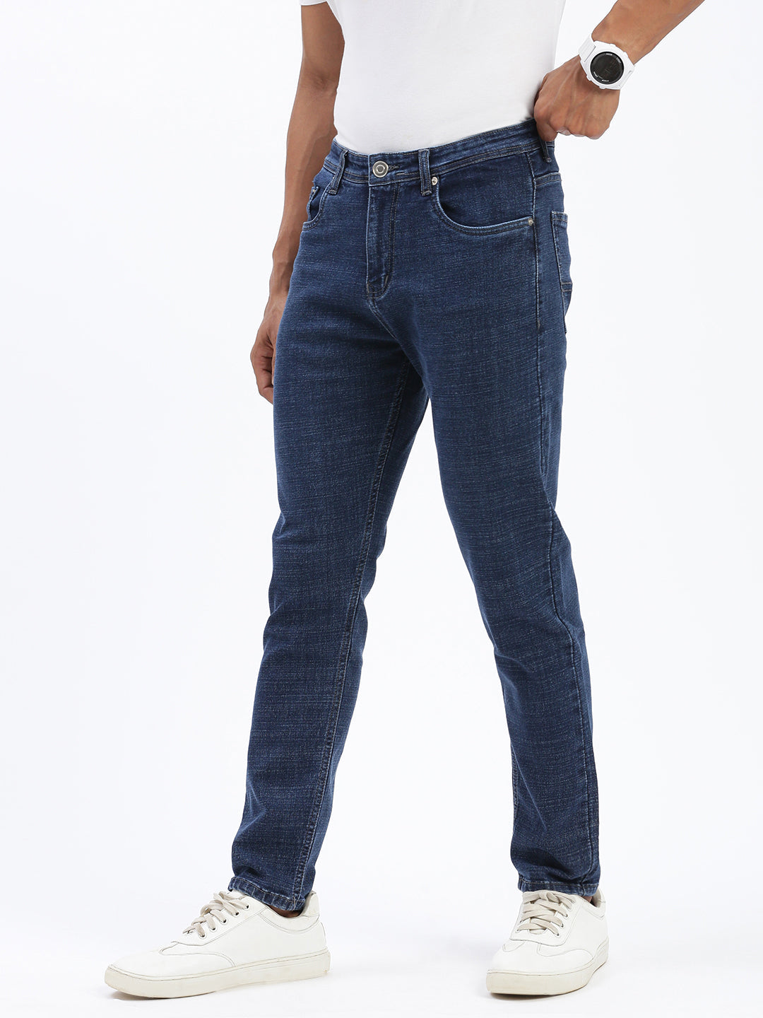 Men's Navy Blue Comfort Slim Fit Mid-Rise Cotton Light Fade Acid Wash Jeans