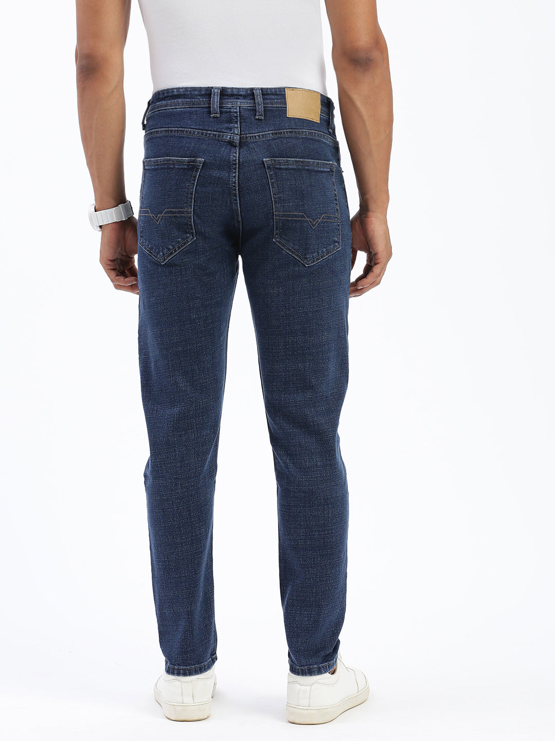 Men's Navy Blue Comfort Slim Fit Mid-Rise Cotton Light Fade Acid Wash Jeans