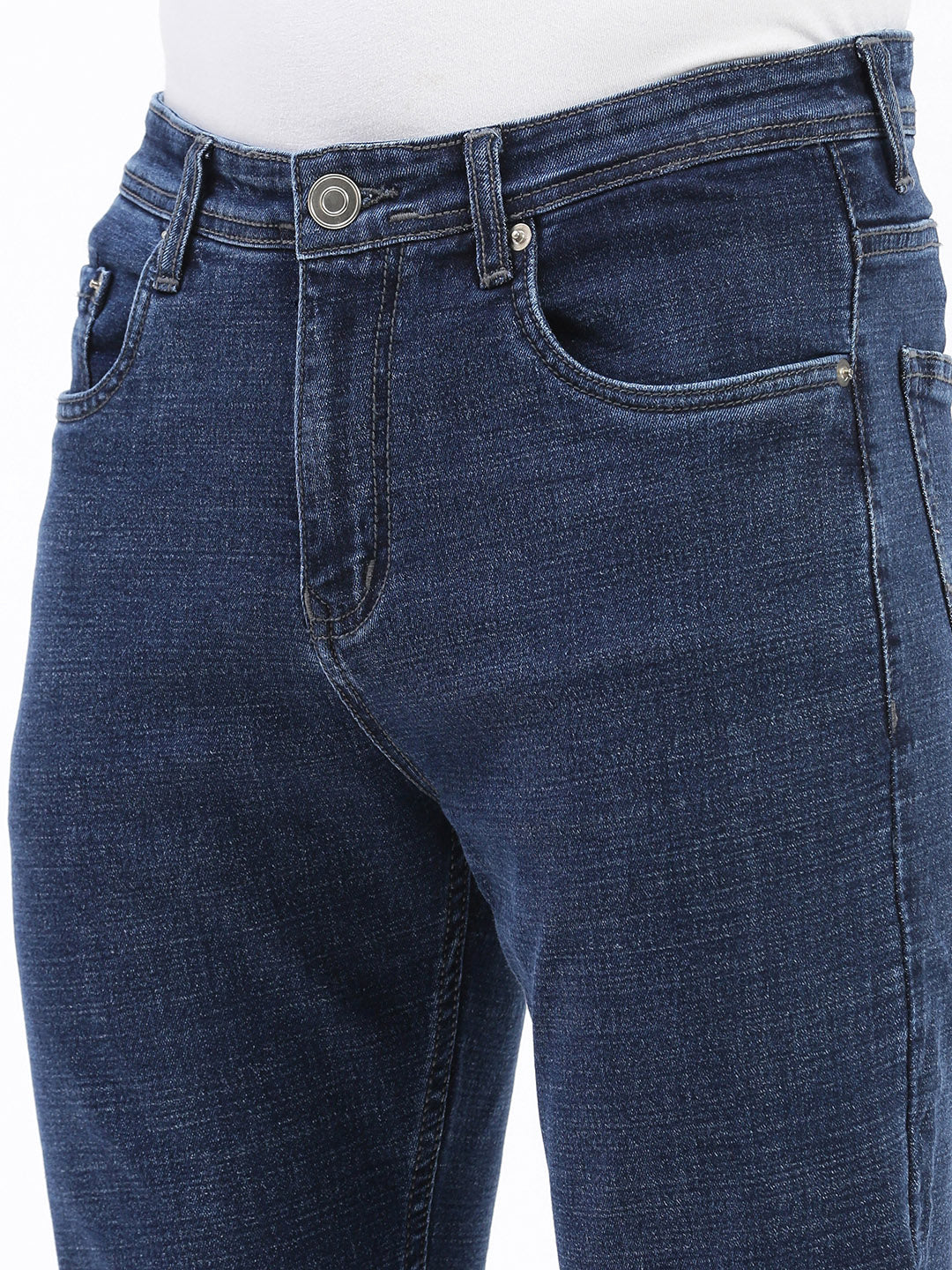 Men's Navy Blue Comfort Slim Fit Mid-Rise Cotton Light Fade Acid Wash Jeans