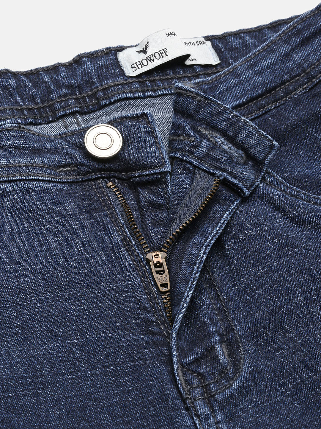 Men's Navy Blue Comfort Slim Fit Mid-Rise Cotton Light Fade Acid Wash Jeans