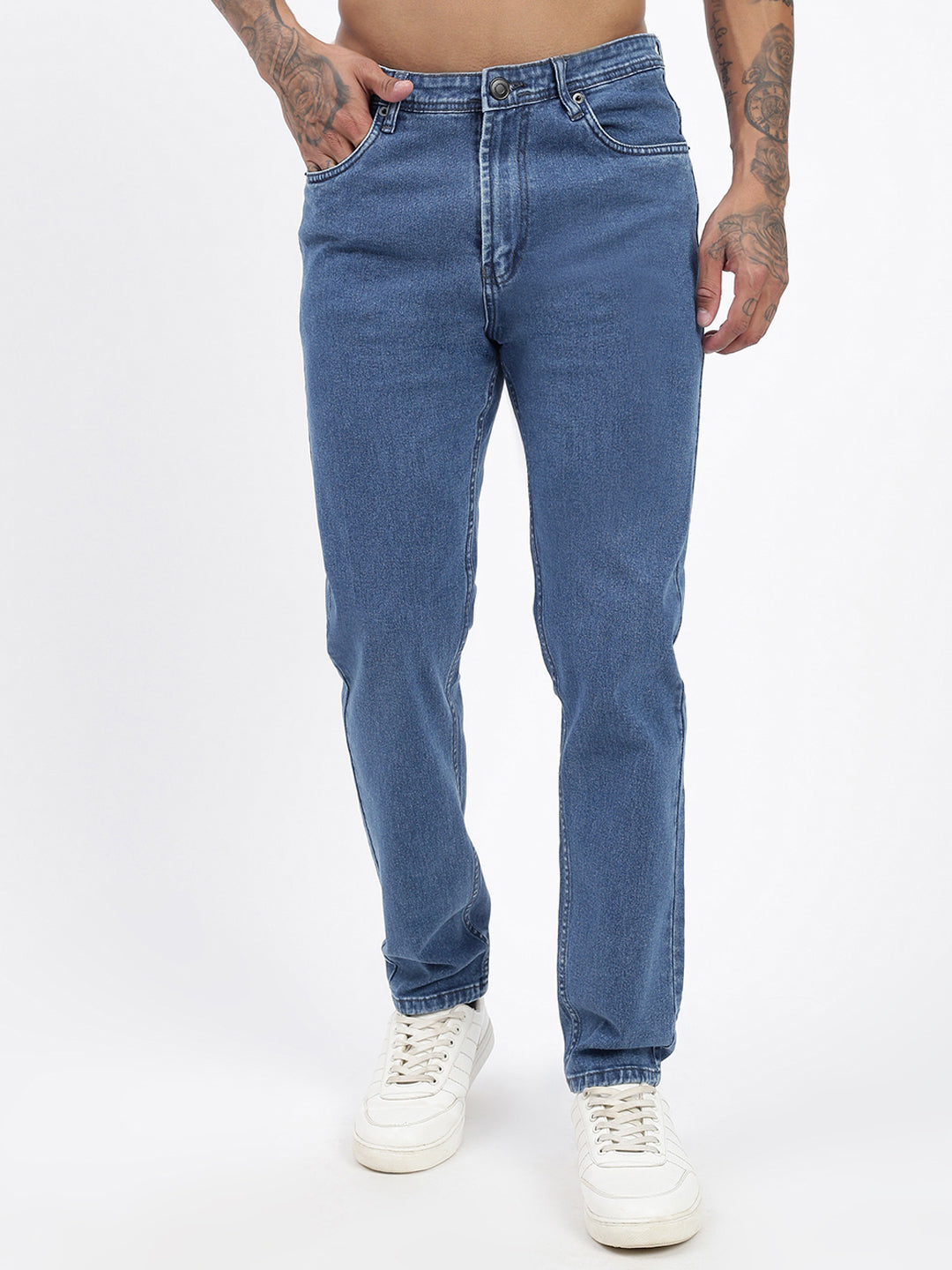 Men's Blue Straight Fit Cropped Jeans