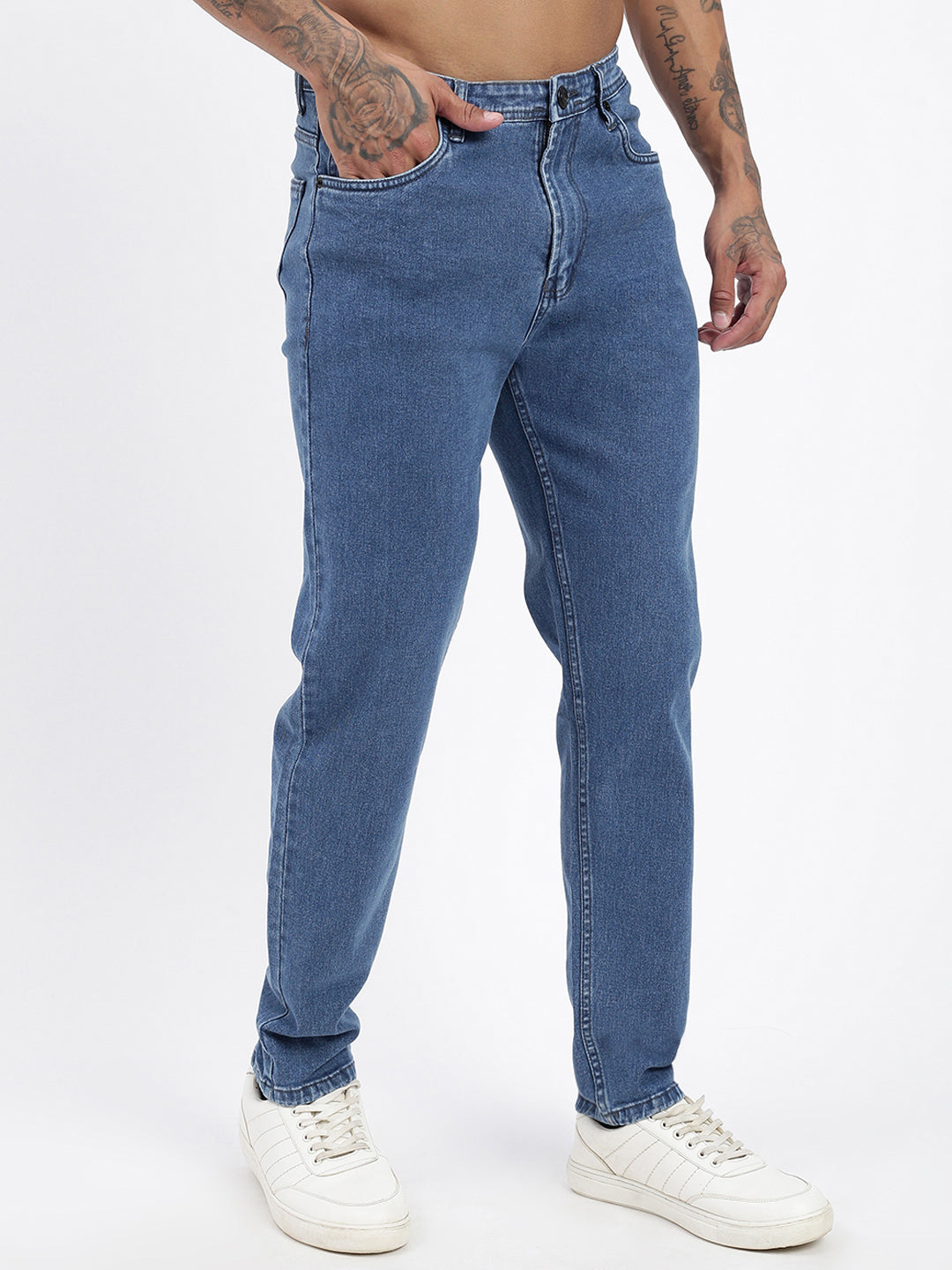 Men's Blue Straight Fit Cropped Jeans