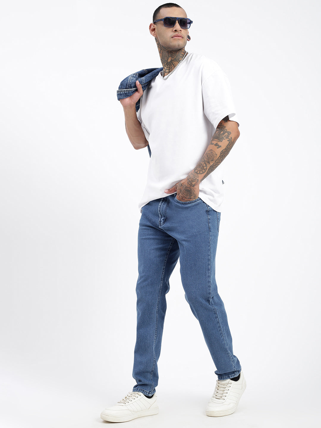 Men's Blue Straight Fit Cropped Jeans