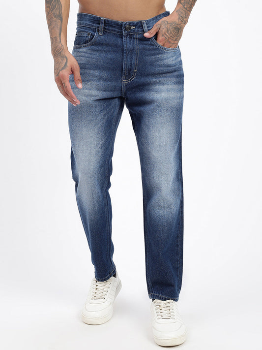 Men's Navy Blue Slim Fit Cropped Jeans
