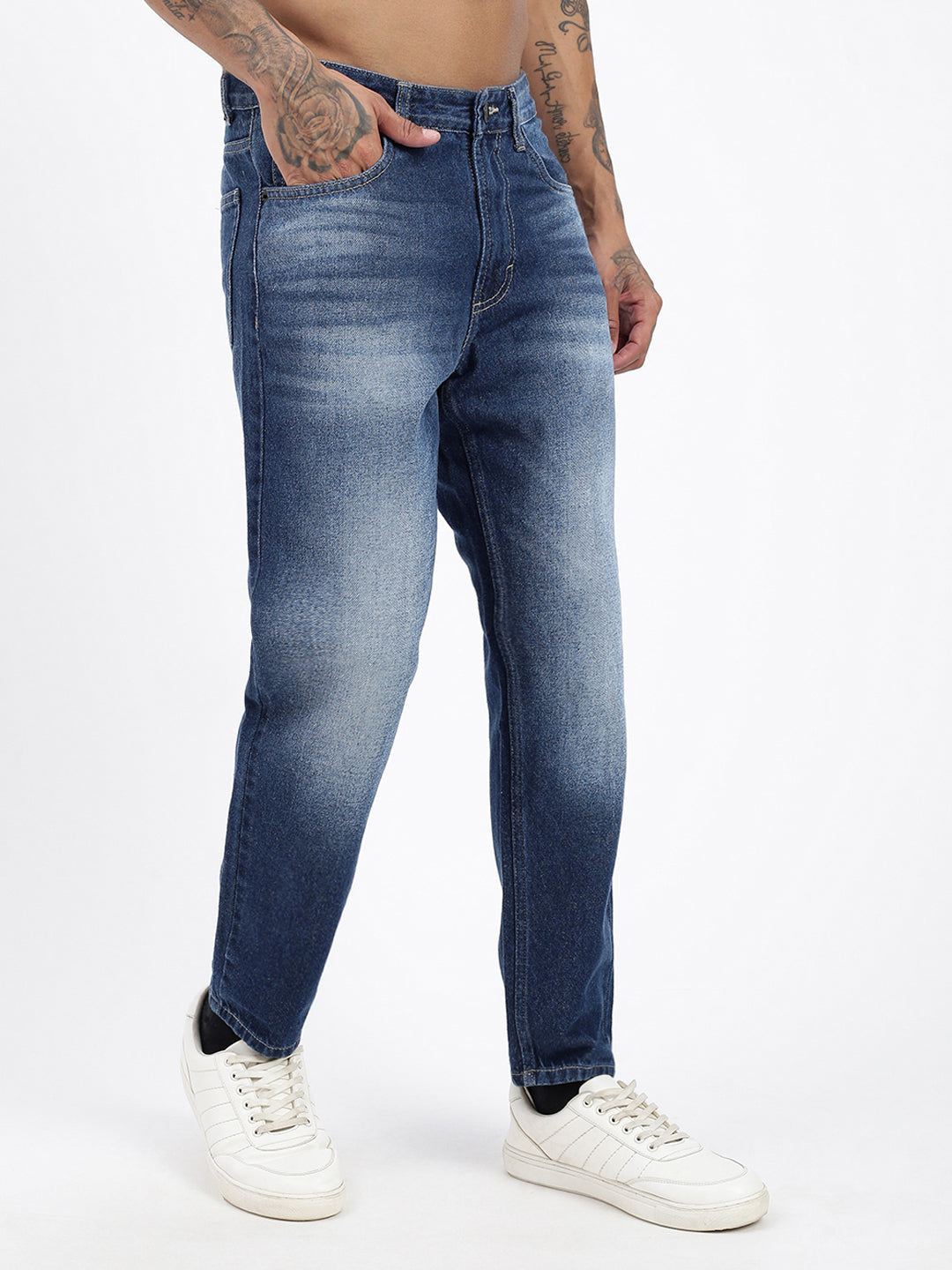 Men's Navy Blue Slim Fit Cropped Jeans