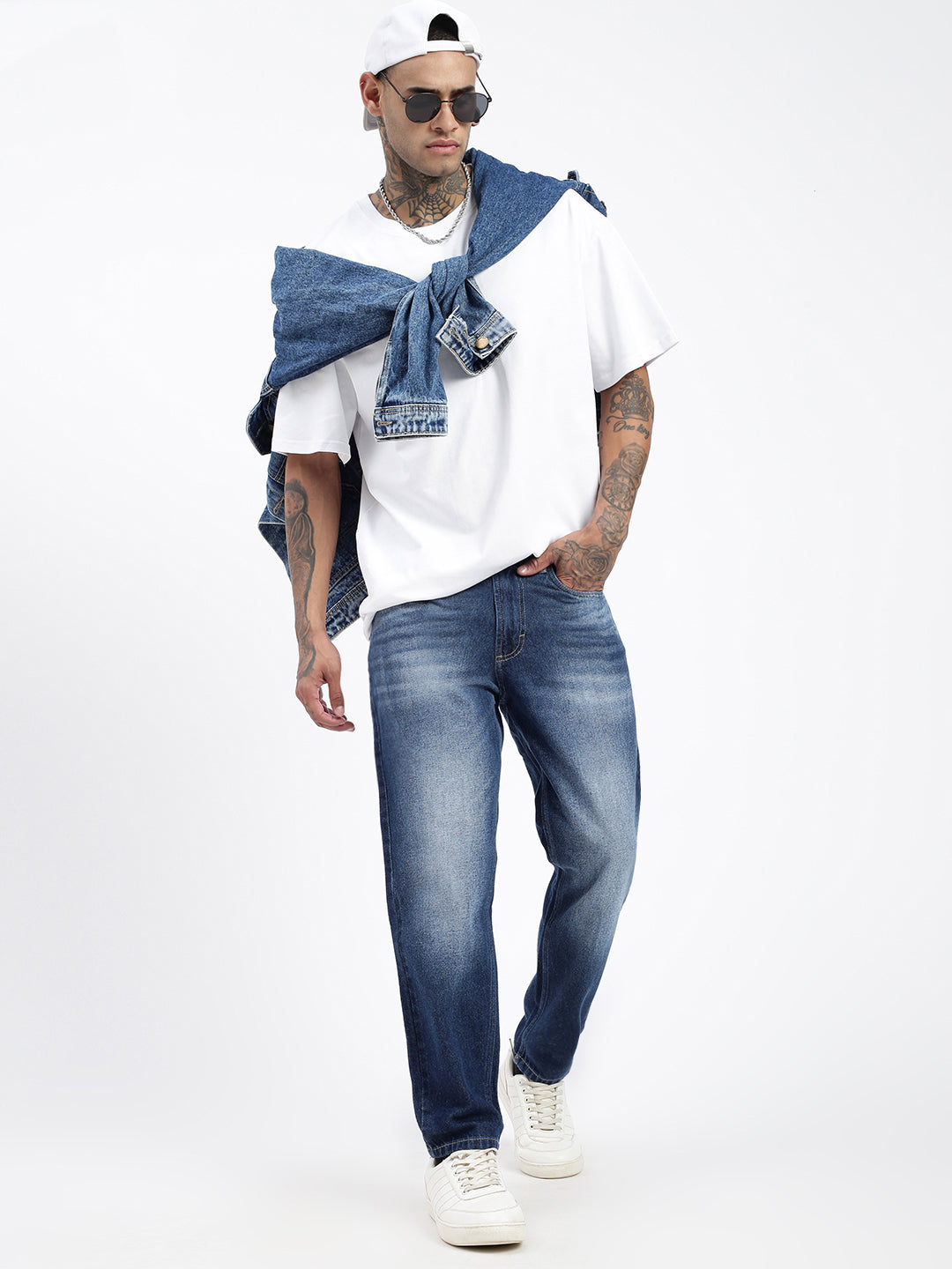 Men's Navy Blue Slim Fit Cropped Jeans