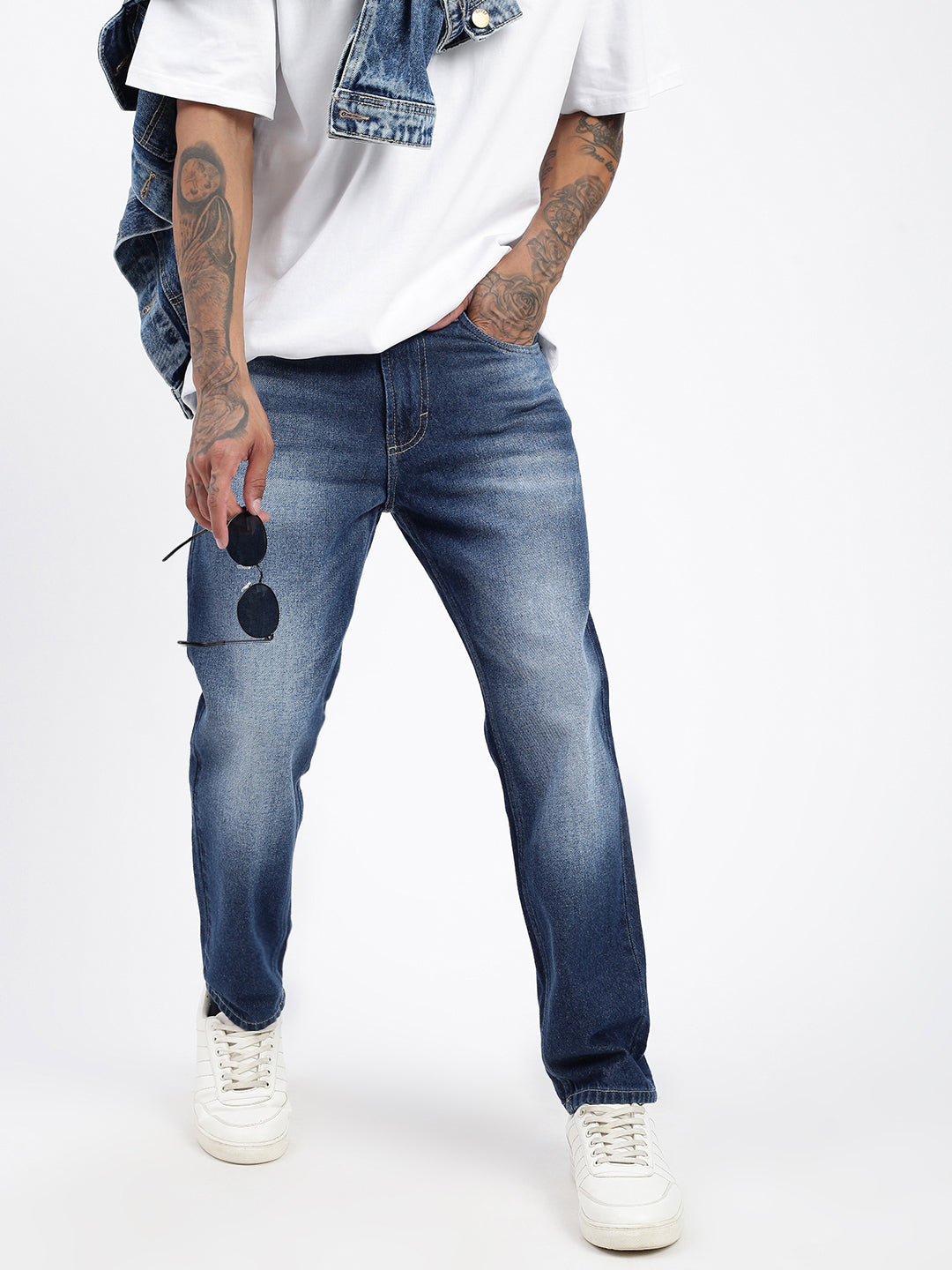 Men's Navy Blue Slim Fit Cropped Jeans