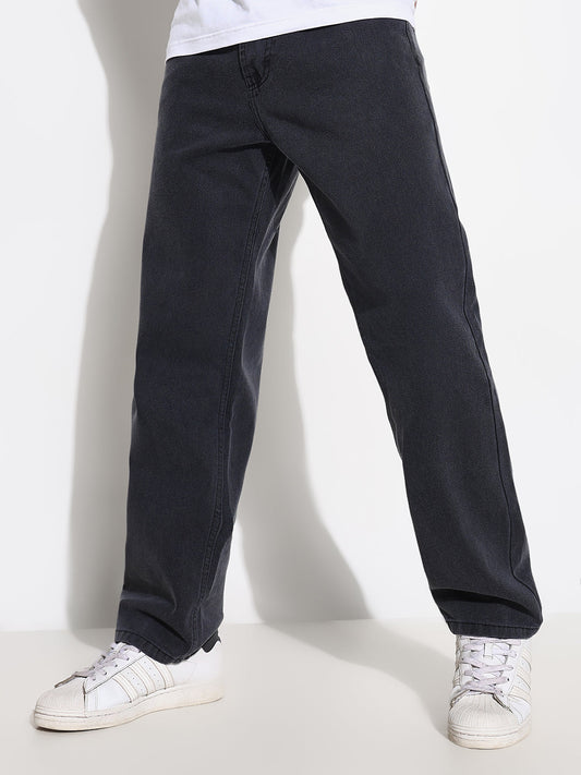 Men's Grey Straight Fit Acid Wash Jeans