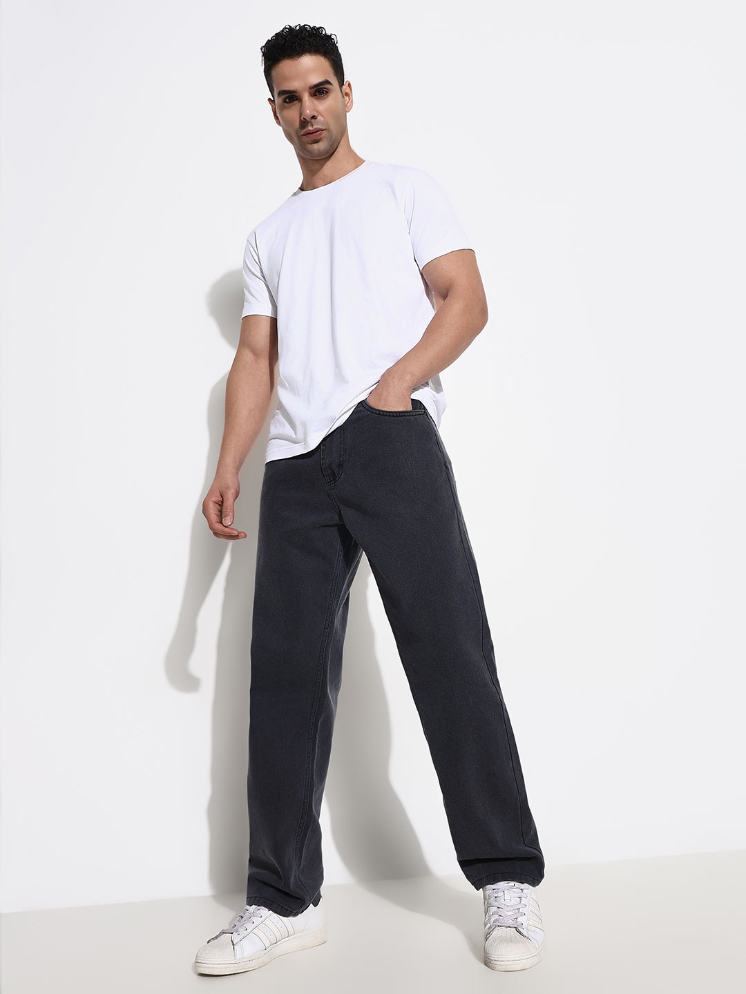 Men's Grey Straight Fit Acid Wash Jeans