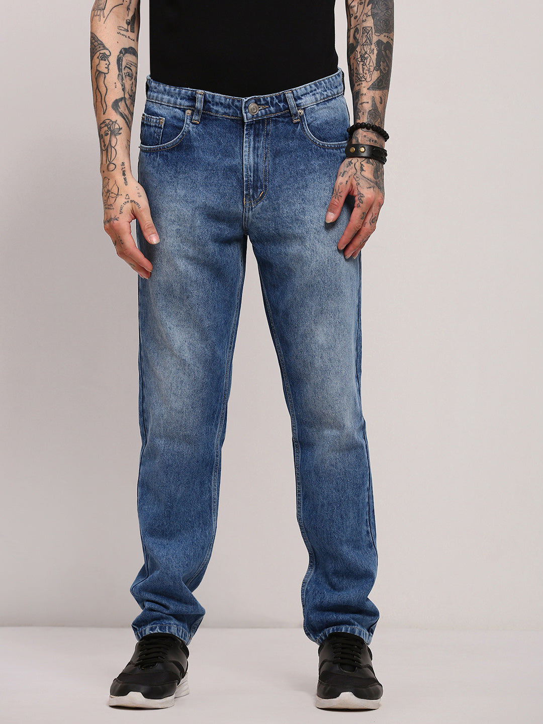 Men's Blue Casual Mid-Wash Relaxed Jeans