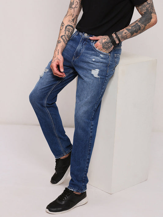 Men's Blue Distressed Dark Wash Straight Fit Jeans