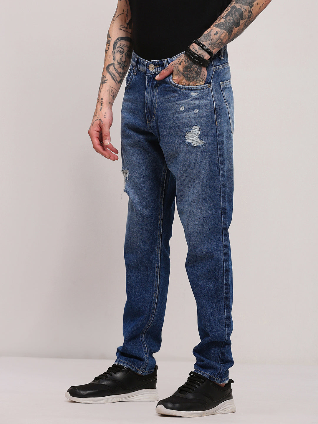 Men's Blue Distressed Dark Wash Straight Fit Jeans