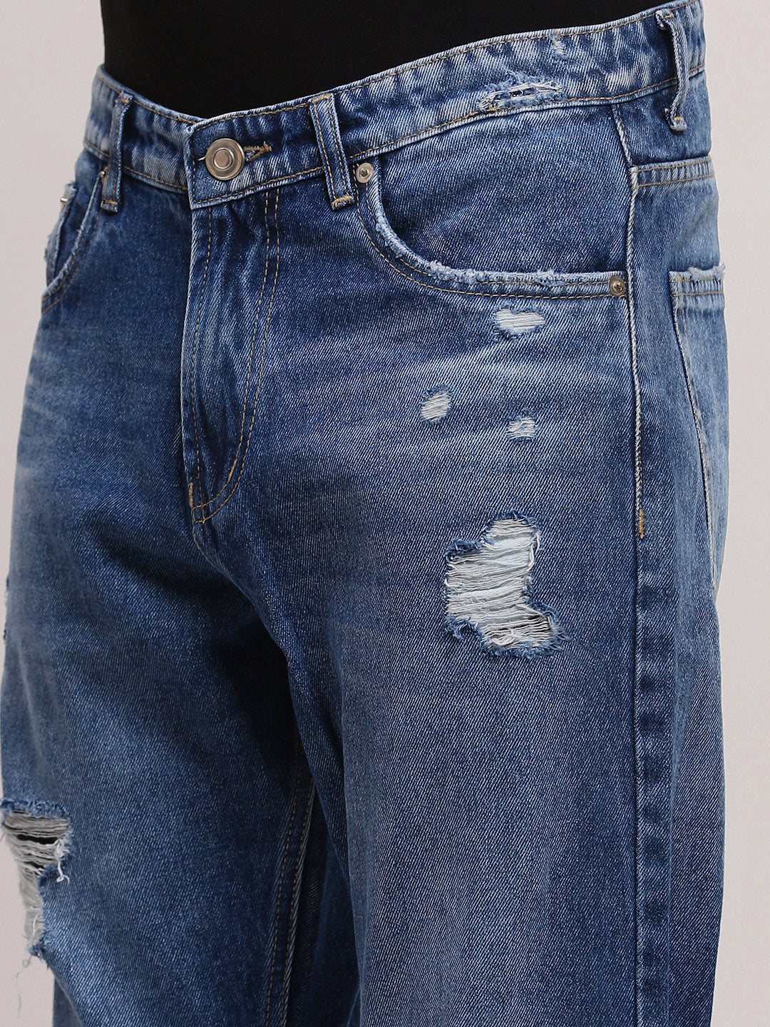 Men's Blue Distressed Dark Wash Straight Fit Jeans