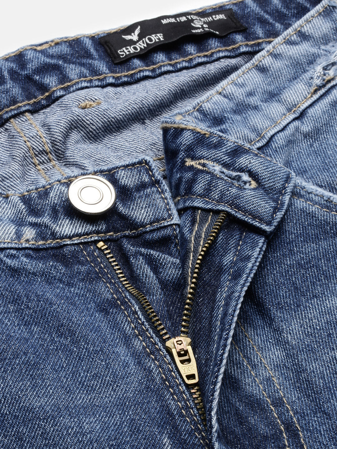 Men's Blue Distressed Dark Wash Straight Fit Jeans