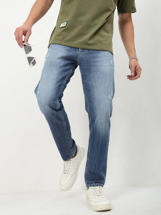 Men's Blue Solid Straight Fit Jeans