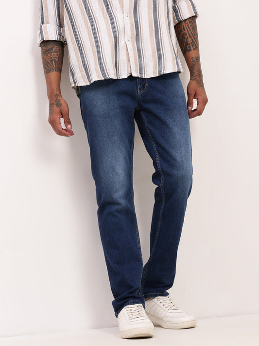 Men's Blue Solid Straight Fit Low-Rise Heavy Fade Acid Wash Jeans