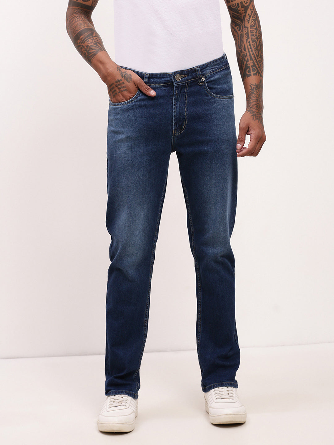 Men's Blue Solid Straight Fit Low-Rise Heavy Fade Acid Wash Jeans