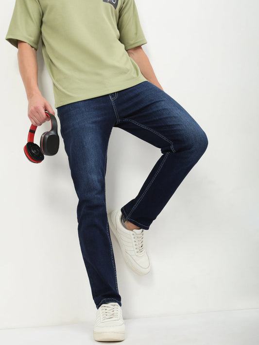 Men's Navy Blue Solid Straight Fit Jeans