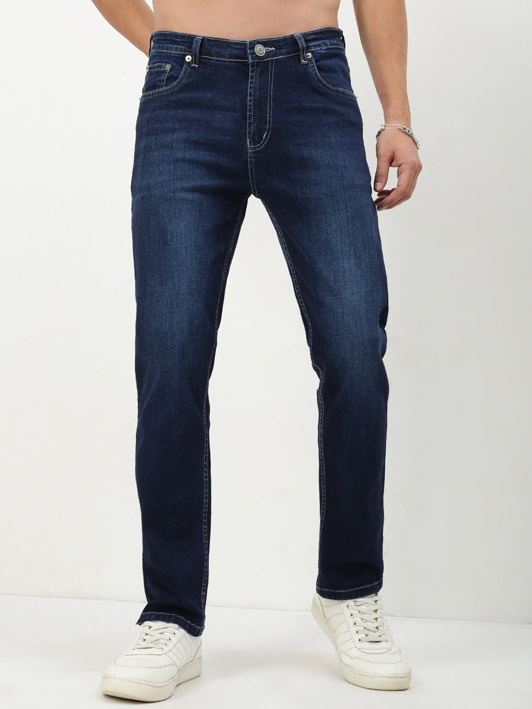 Men's Navy Blue Solid Straight Fit Jeans