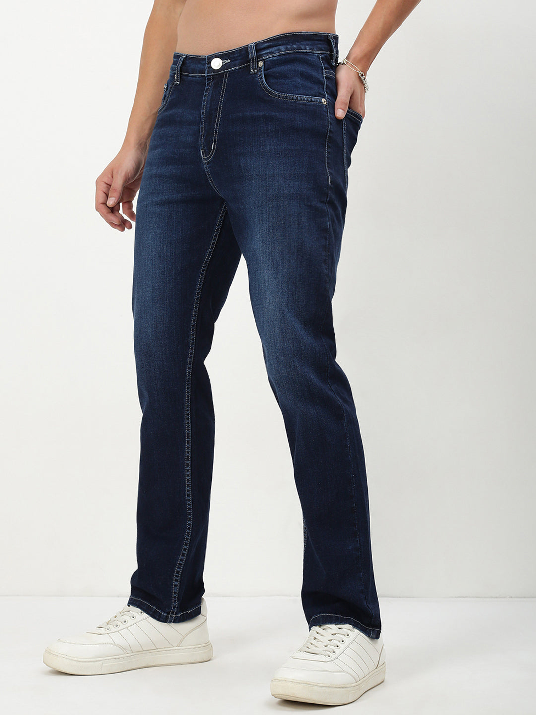 Men's Navy Blue Solid Straight Fit Jeans