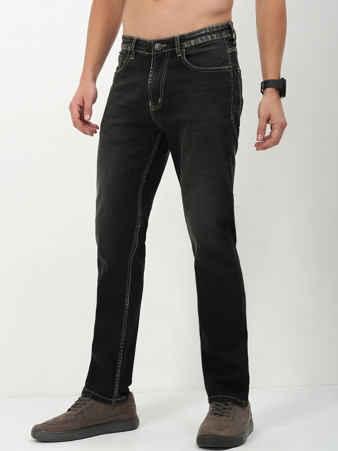 Men's Grey Solid Straight Fit Jeans
