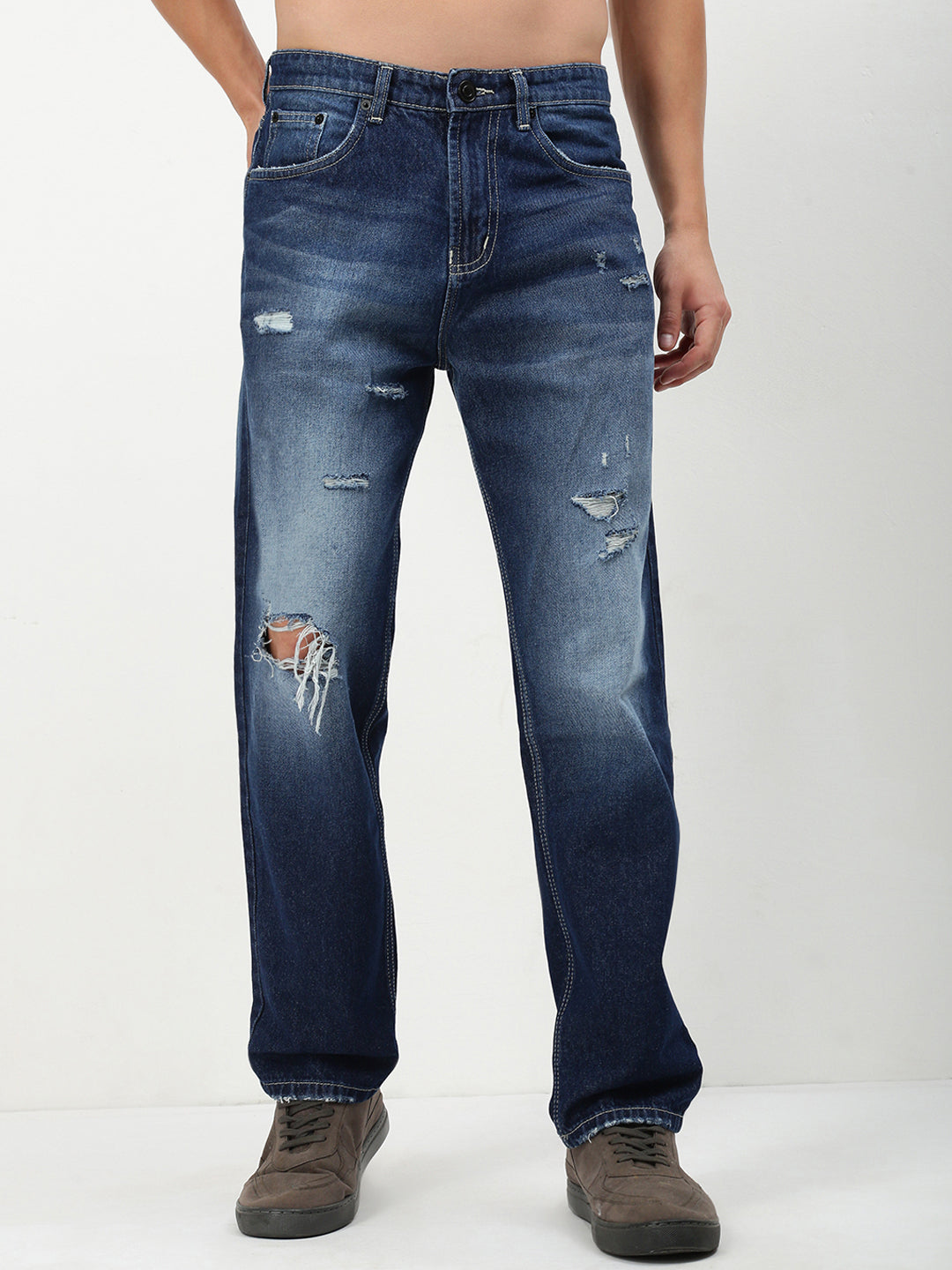 Men's Blue Solid Straight Fit Jeans