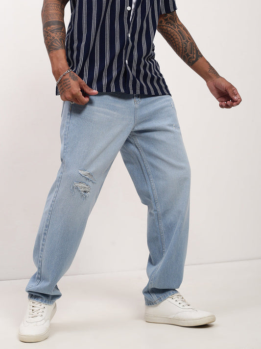 Men's Blue Solid Wide Leg Jeans
