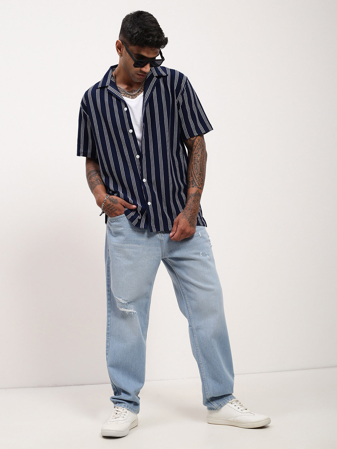 Men's Blue Solid Wide Leg Jeans
