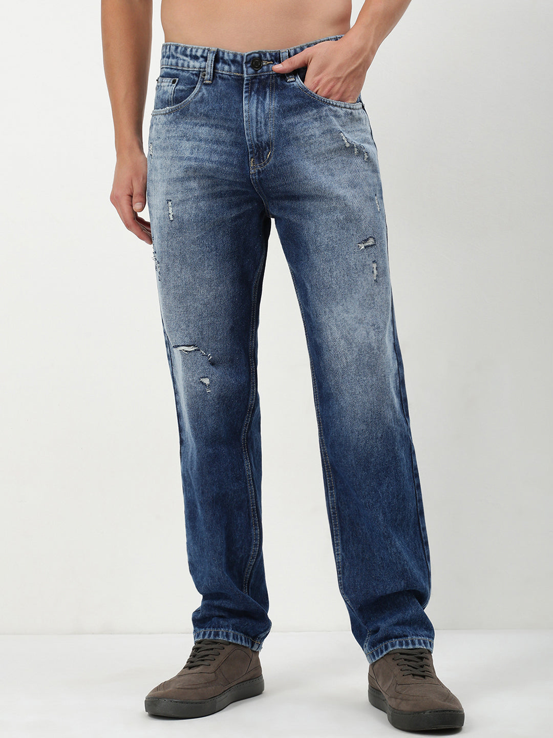 Men's Blue Solid Straight Fit Jeans