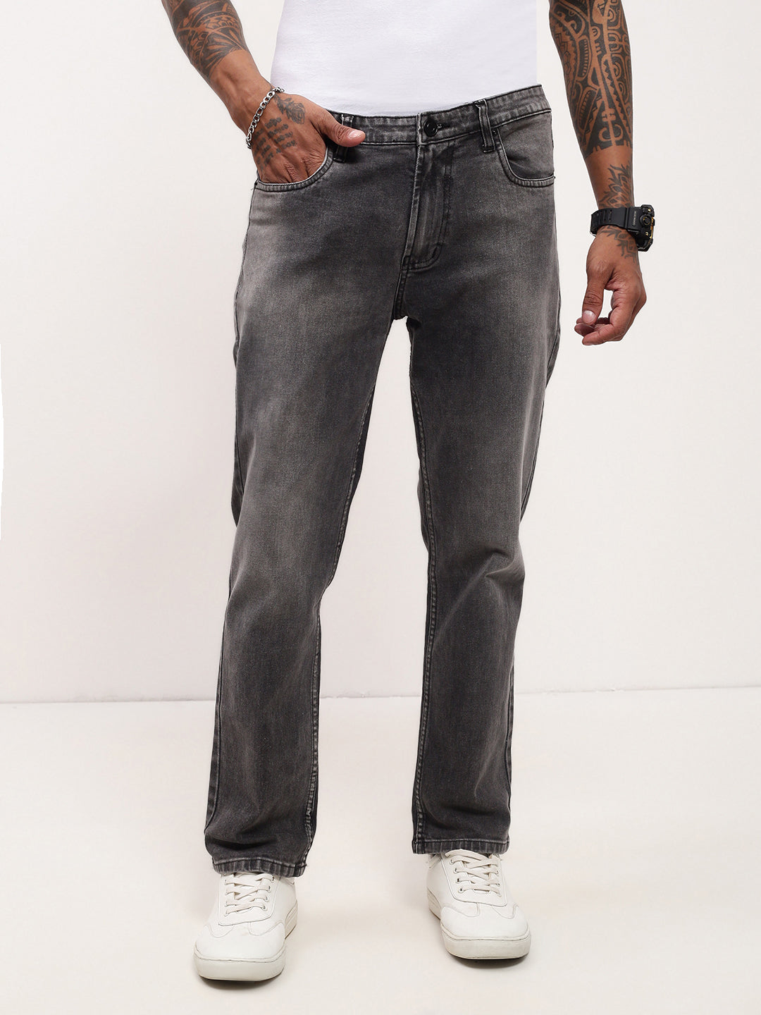 Men's Grey Solid Straight Fit Stretchable Jeans