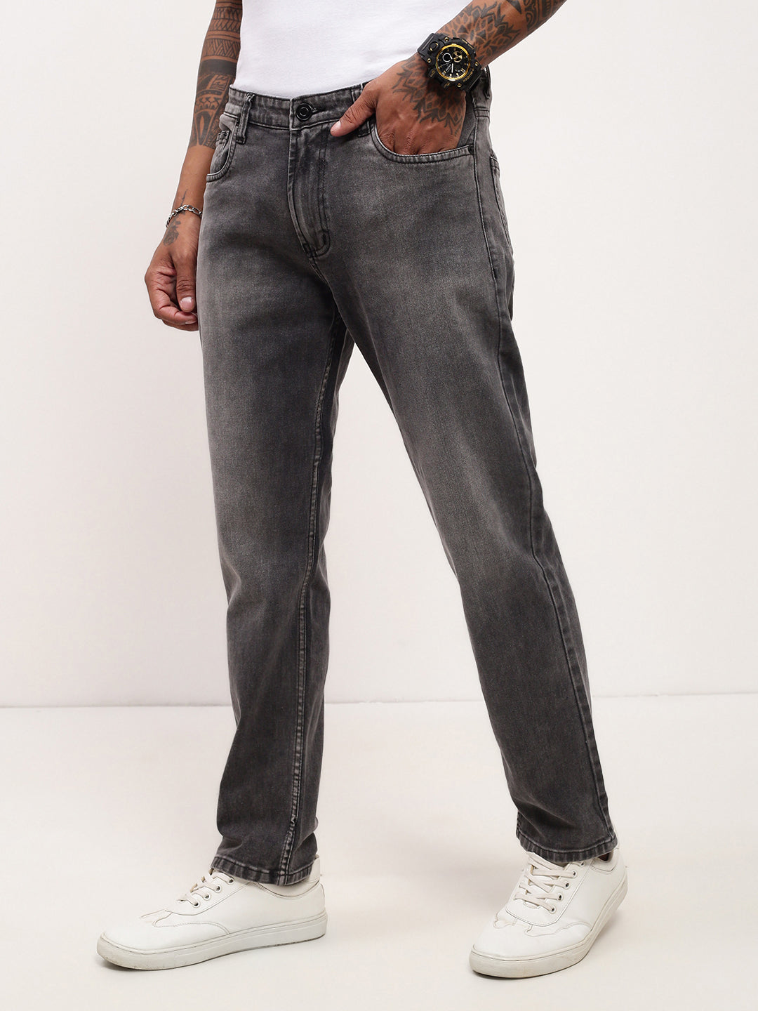 Men's Grey Solid Straight Fit Stretchable Jeans