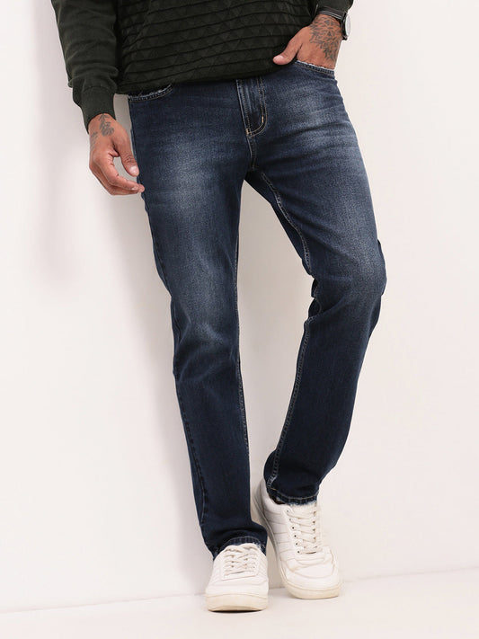 Men's Navy Blue Solid Straight Fit Heavy Fade Acid Wash Jeans