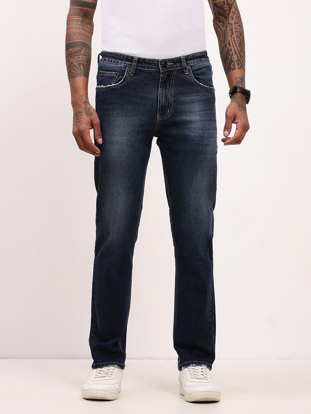Men's Navy Blue Solid Straight Fit Heavy Fade Acid Wash Jeans