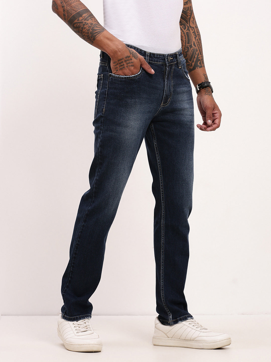 Men's Navy Blue Solid Straight Fit Heavy Fade Acid Wash Jeans
