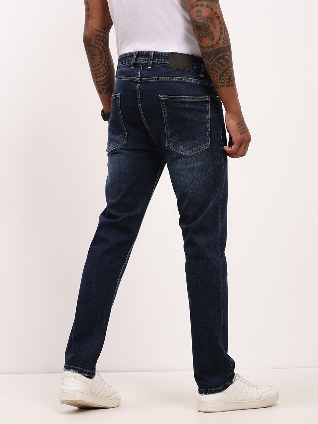 Men's Navy Blue Solid Straight Fit Heavy Fade Acid Wash Jeans