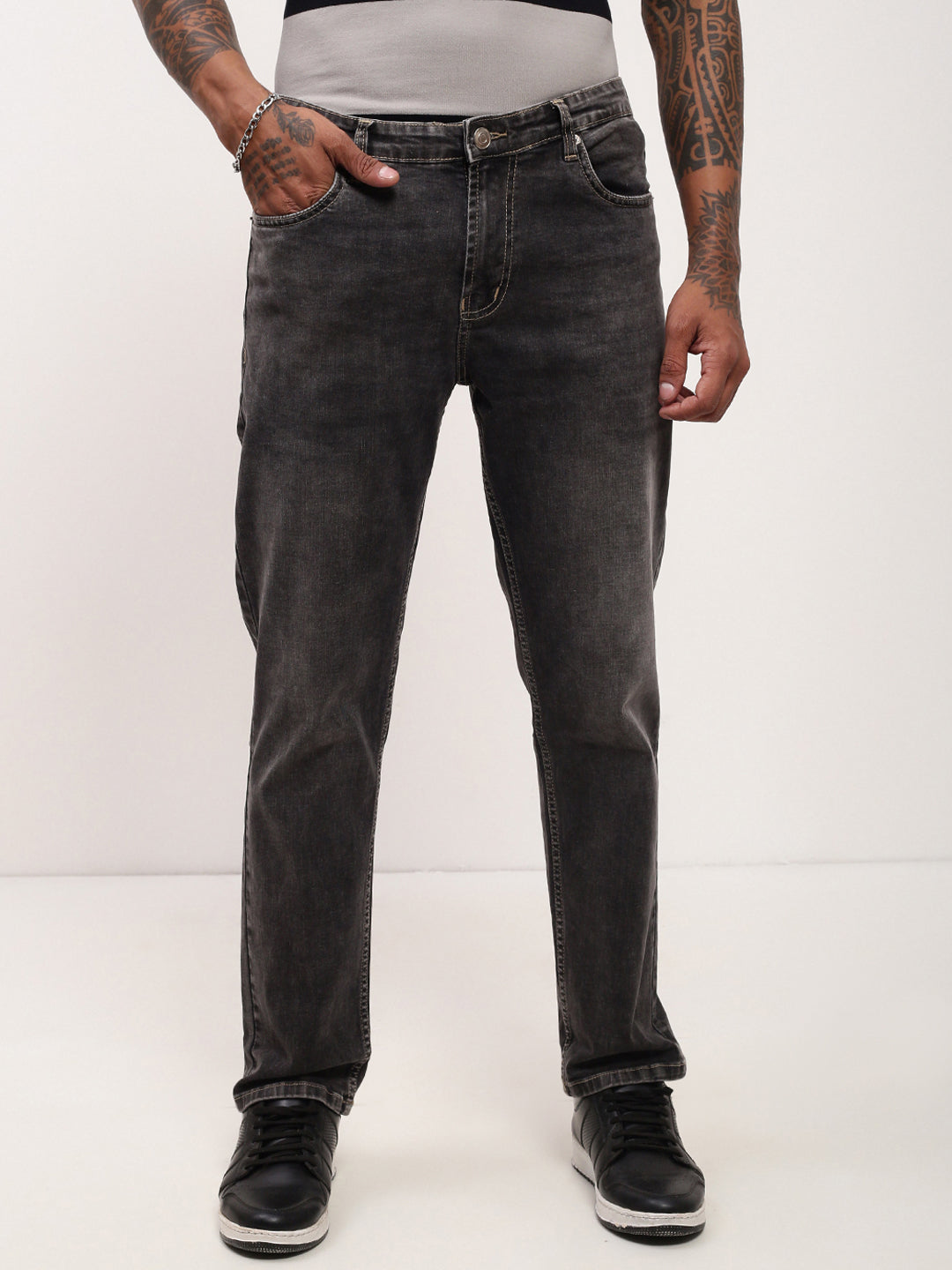 Men's Grey Solid Straight Fit Acid Wash Stretchable Jeans