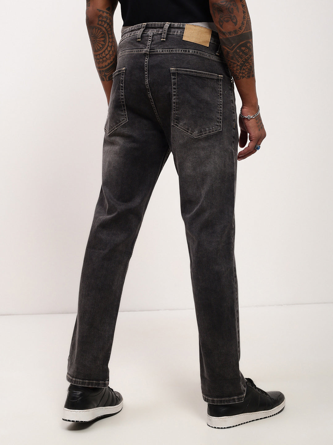 Men's Grey Solid Straight Fit Acid Wash Stretchable Jeans