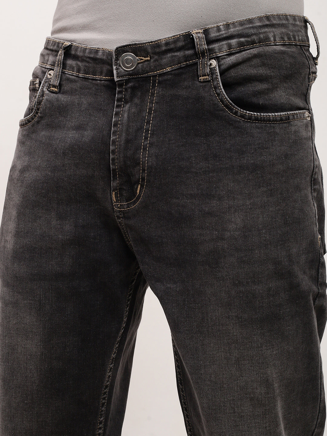 Men's Grey Solid Straight Fit Acid Wash Stretchable Jeans