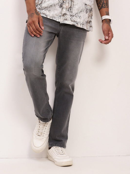 Men's Grey Solid Straight Fit Heavy Fade Acid Wash Jeans