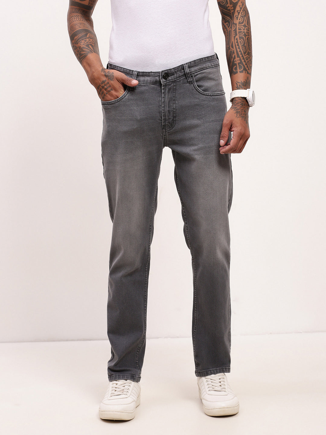 Men's Grey Solid Straight Fit Heavy Fade Acid Wash Jeans