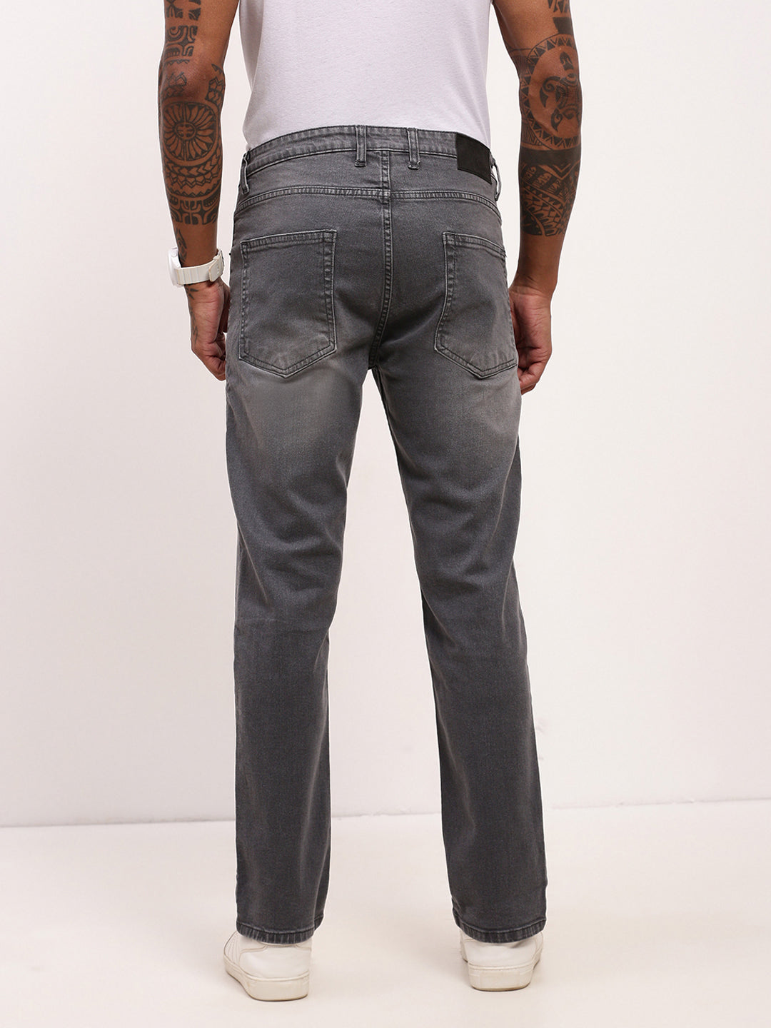 Men's Grey Solid Straight Fit Heavy Fade Acid Wash Jeans