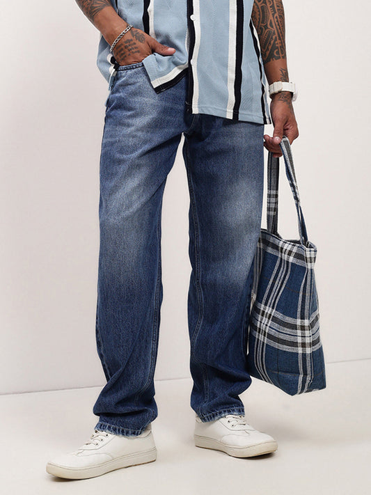 Men's Blue Solid Baggy Jeans
